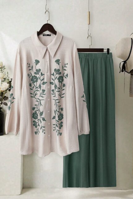 Women fashion embroidered white & green set
